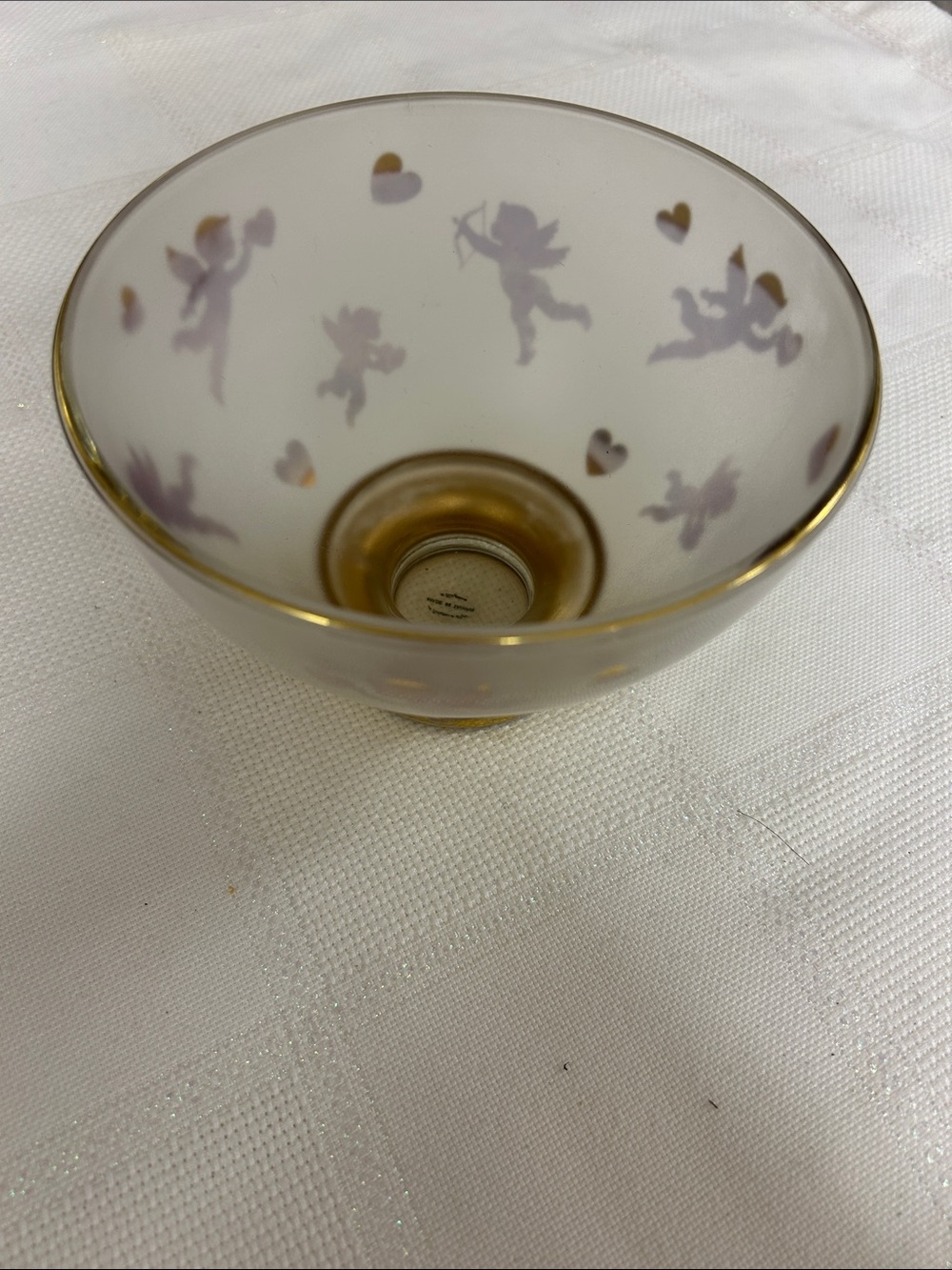 vintage Teleflora Frosted Glass Cupid and Heart Pedestal Bowl